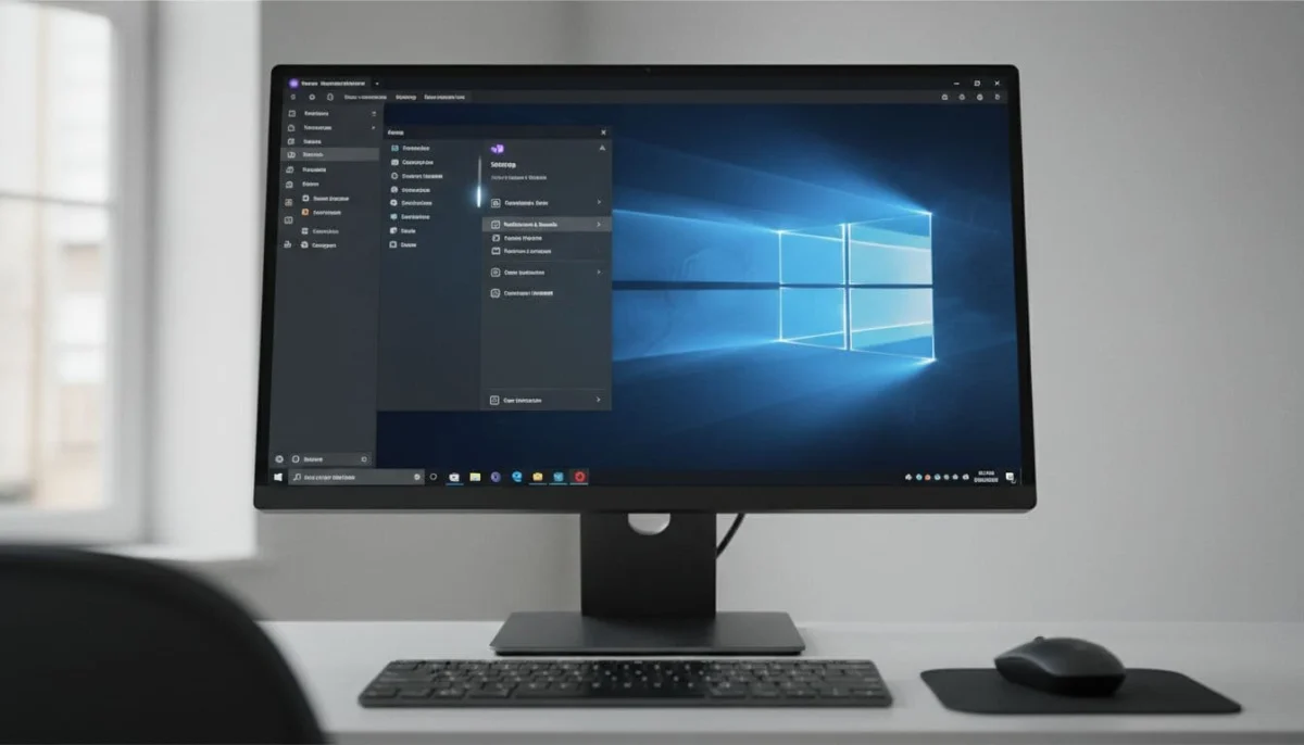 Desktop computer screen displaying blurred Viber desktop app on Windows with settings menu open in notifications or audio section, minimalist office desk with keyboard and mouse, realistic photo.