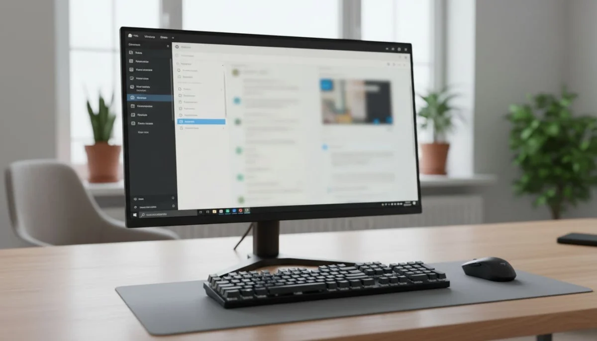 Desktop screen displaying Viber app on Windows with settings menu open and notifications section highlighted, on a clean office desk with keyboard, realistic photo style.