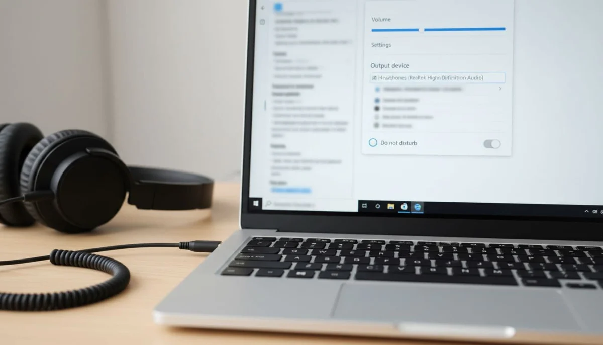 Close-up of Windows PC Viber settings screen showing volume slider, audio device selection, and Do Not Disturb toggle on a laptop desk with headphones, realistic office photo.
