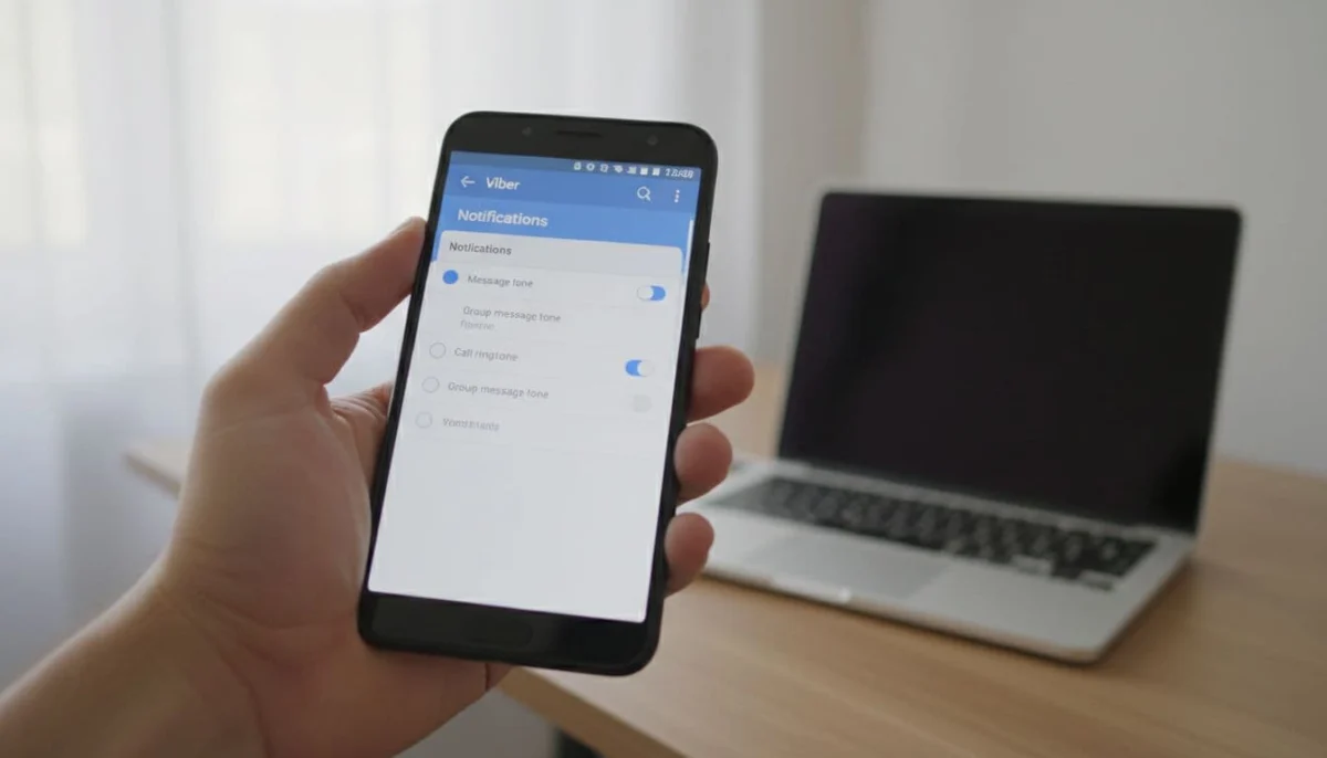 Hand holding an Android smartphone displaying the Viber app open to notifications settings with blurred sound selection options, against a simple home office background with a nearby laptop, in realistic photo style with natural daylight.