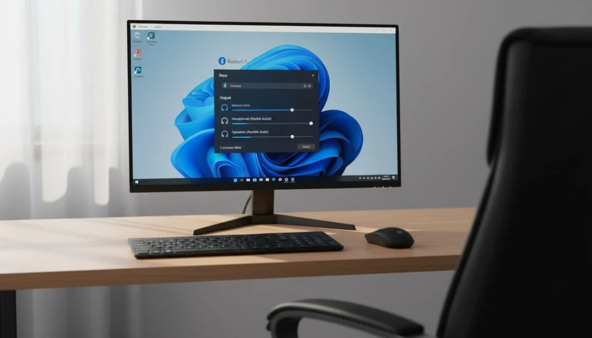 Desktop PC screen showing Windows sound settings with volume mixer open, headphones and speakers connected, Bluetooth icon, on a clean office desk with keyboard and mouse, realistic photo, natural lighting.