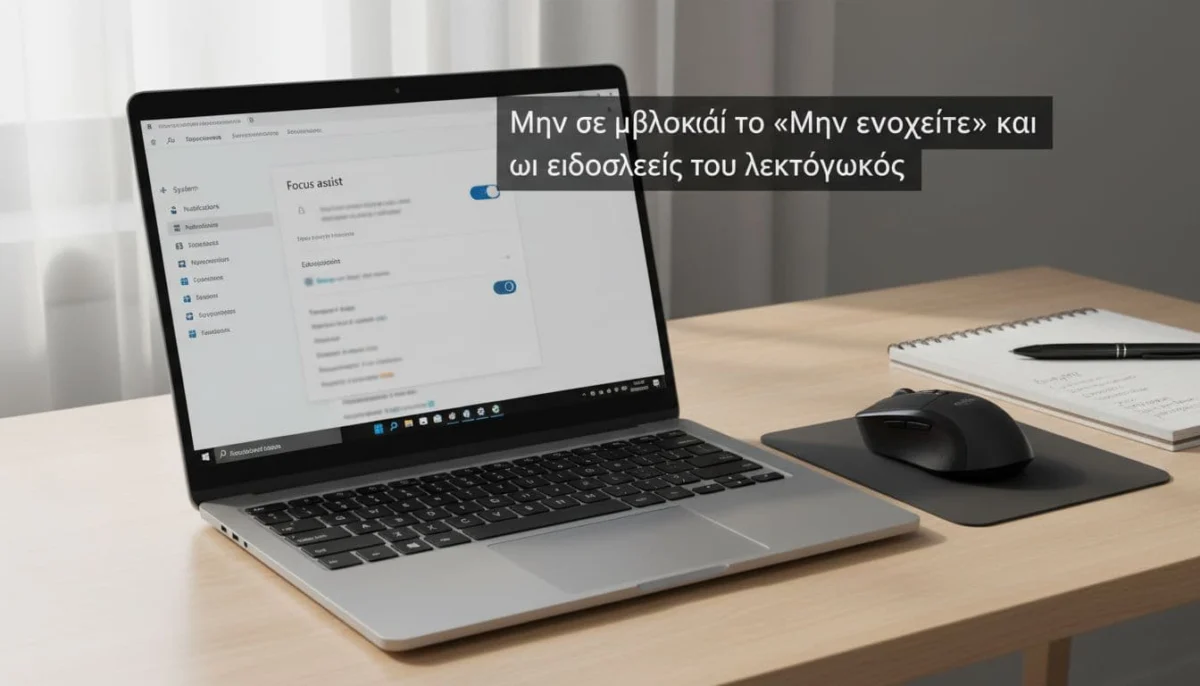 Realistic photo of a laptop screen on a simple office desk showing Windows notifications settings with Do Not Disturb (Focus Assist) toggle disabled, accompanied by mouse and notebook under soft lighting.