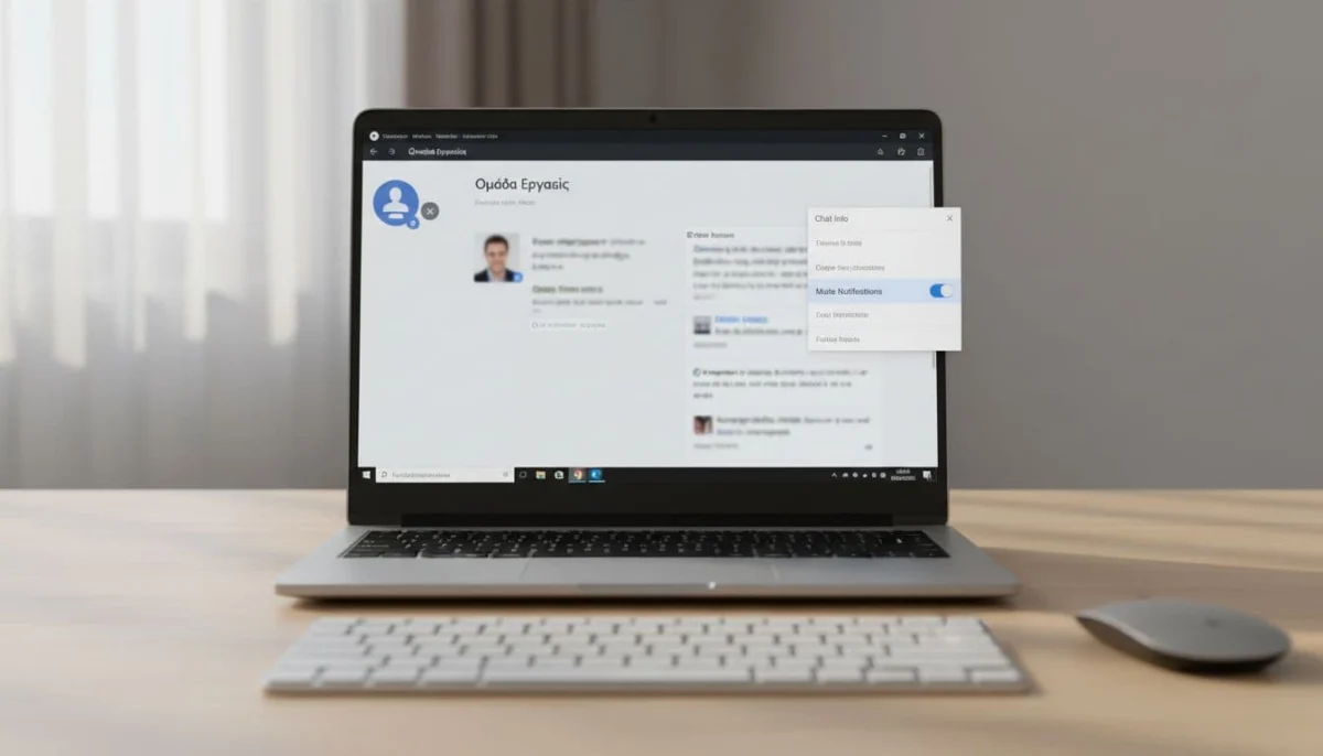 Realistic photo of a Windows PC laptop screen displaying the Viber desktop app with a group chat open and the mute notifications option selected in the blurred chat settings menu, placed on a simple office desk with keyboard and mouse under soft natural lighting.