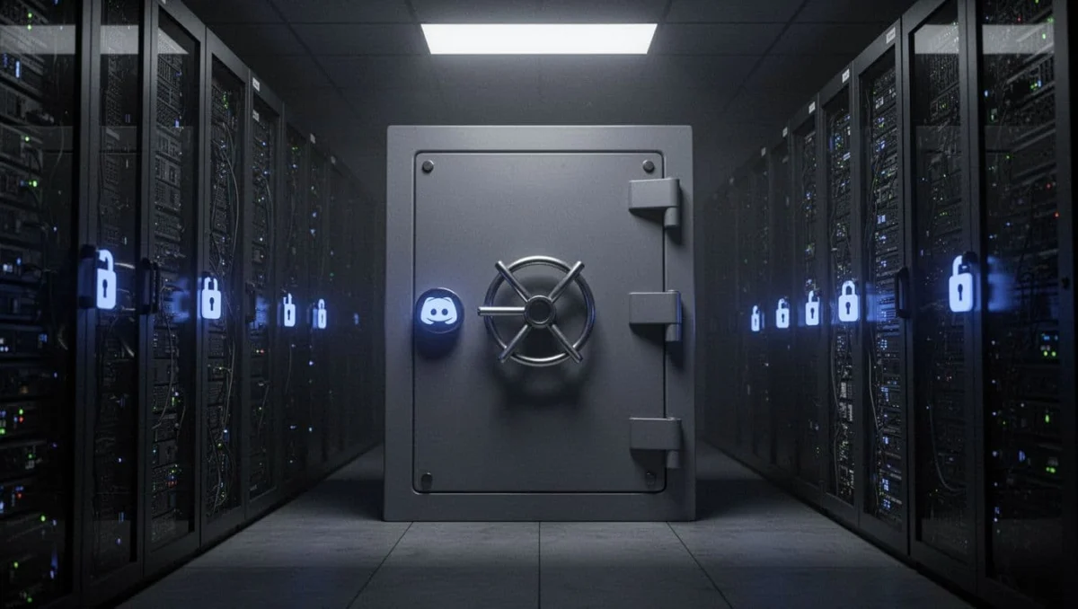 Cinematic scene of a locked digital vault in a dark server room with glowing blue locks and shadows, strong contrast, depth, and dramatic lighting from above.