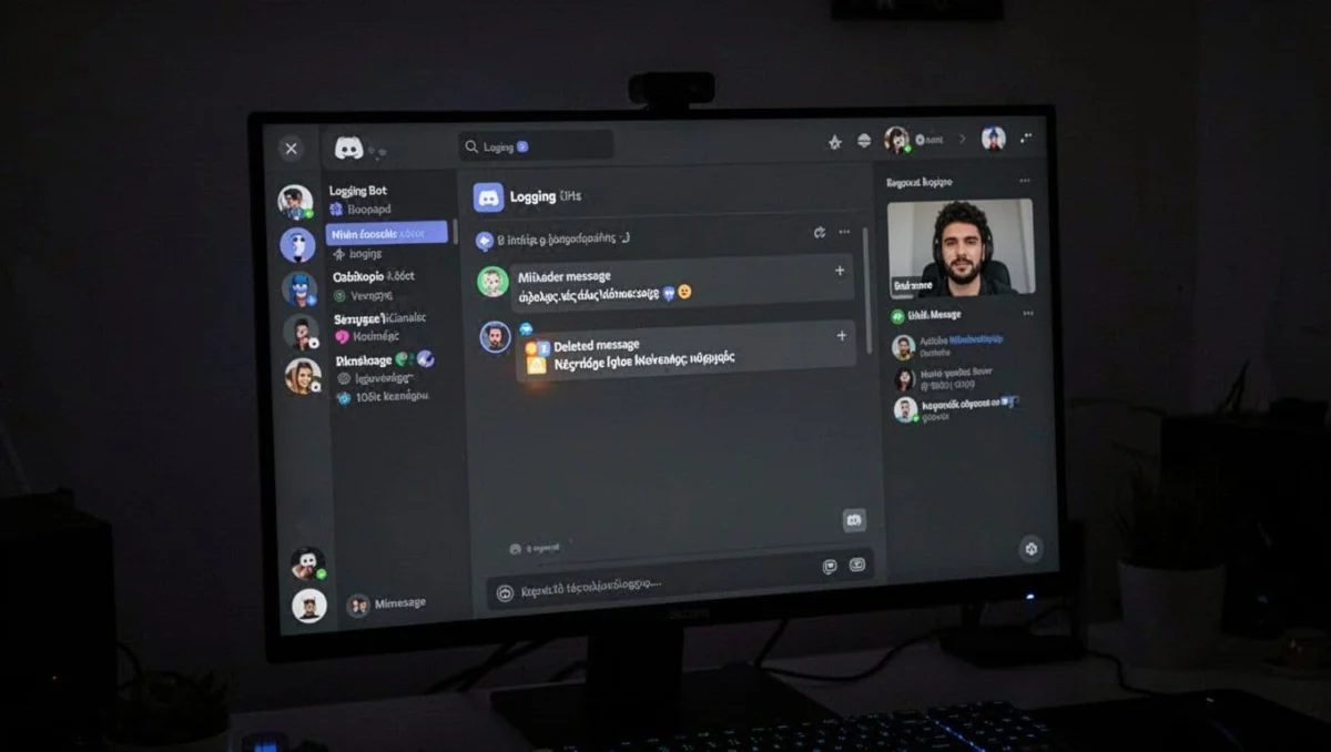 Cinematic shot of a Discord server dashboard in dark mode on a computer screen in a dimly lit room, showing a logging bot channel notifying a deleted message with exactly one viewer.