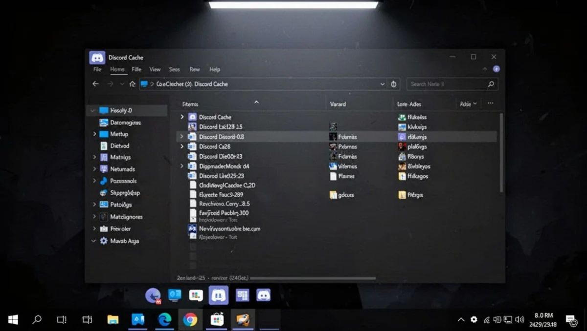 Close-up of Windows File Explorer in dark theme showing Discord cache folder with files inside, cinematic style with strong contrast, depth, and dramatic lighting from above.