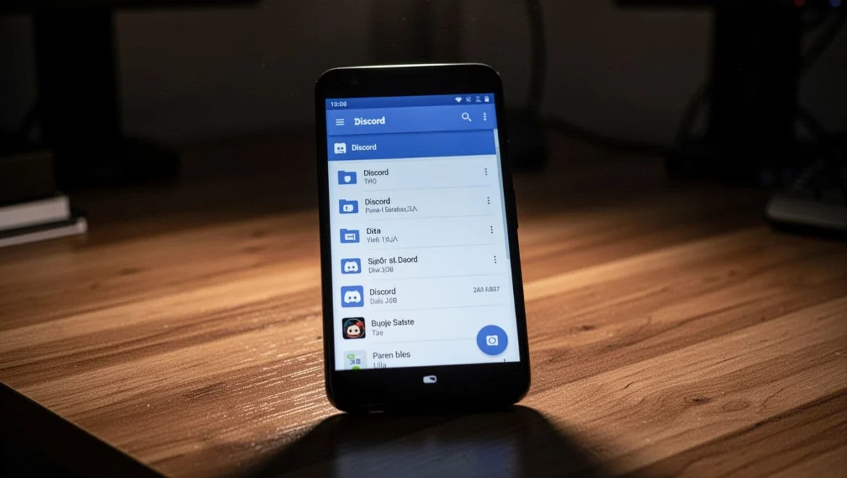 Smartphone screen displaying Android file manager app open to Discord data folder, held on wooden desk in dimly lit room with cinematic strong contrast and dramatic side lighting. Exactly one phone, no people or hands, screen slightly angled, no readable text.