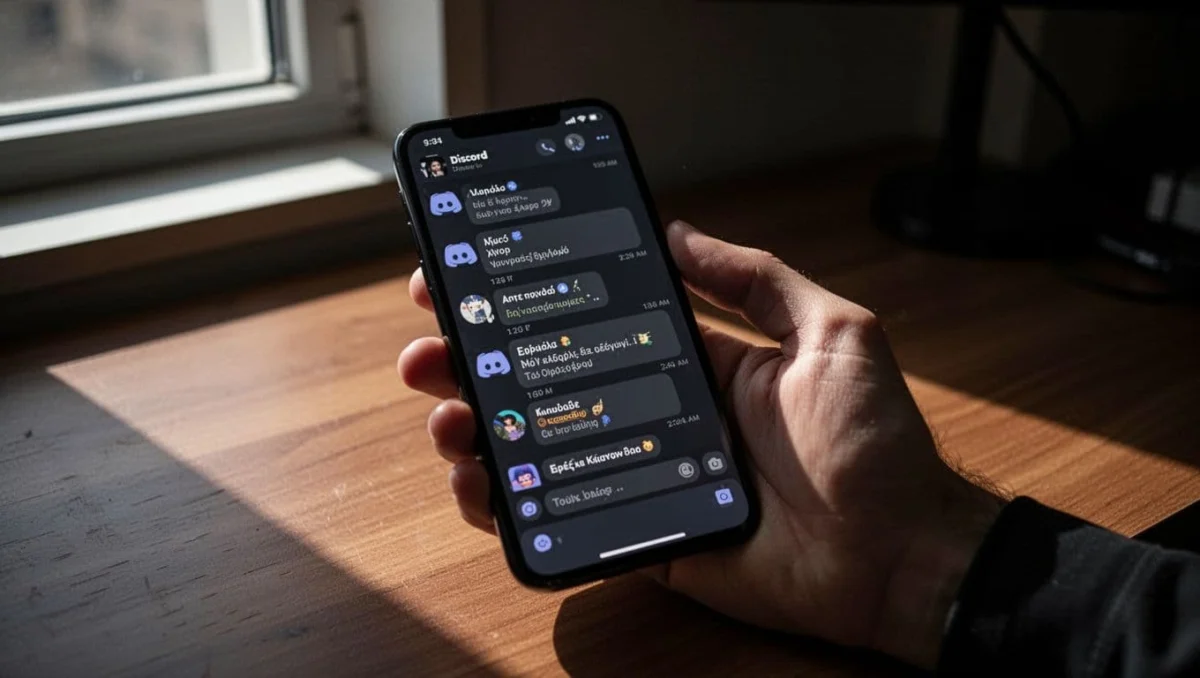 Smartphone held relaxed in one hand on a wooden desk in a dimly lit room, screen displaying Discord mobile app chat in dark mode with messages visible before screenshot, cinematic style with dramatic side lighting.