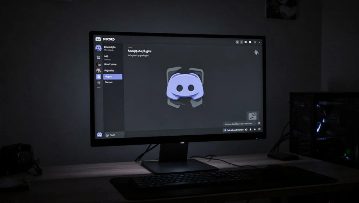 Desktop setup in dimly lit room showing computer screen with Discord dark mode interface and subtle plugin folder icon, strong contrast, depth, dramatic side lighting, cinematic style.
