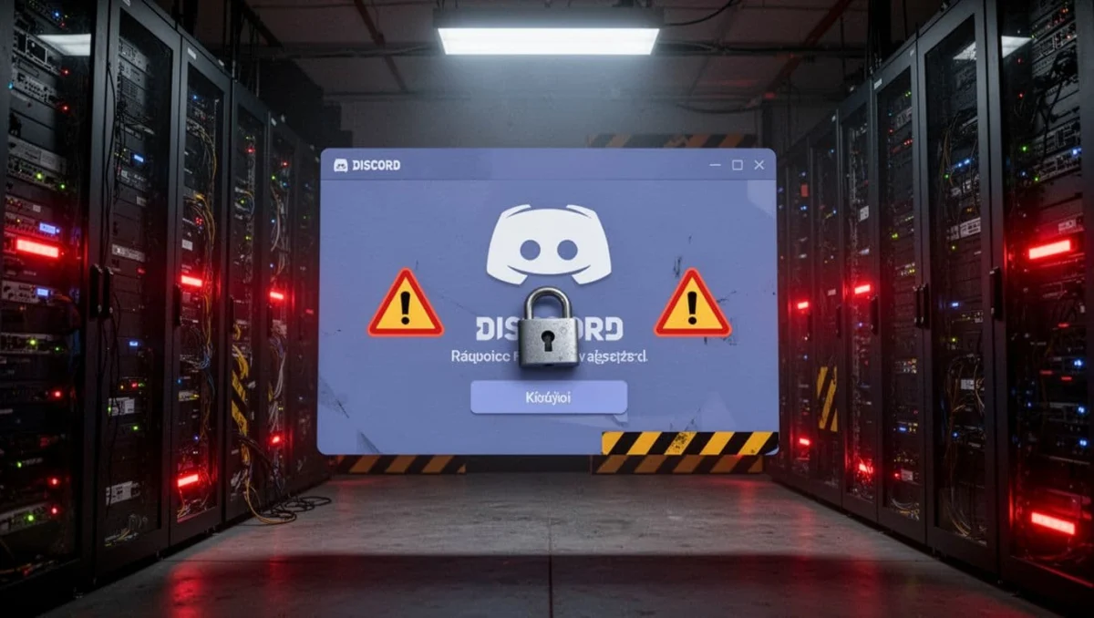 Symbolic cinematic image of a locked Discord account screen with warning symbols and red hazard lights in a dark server room, strong contrast, depth, and dramatic lighting from above.