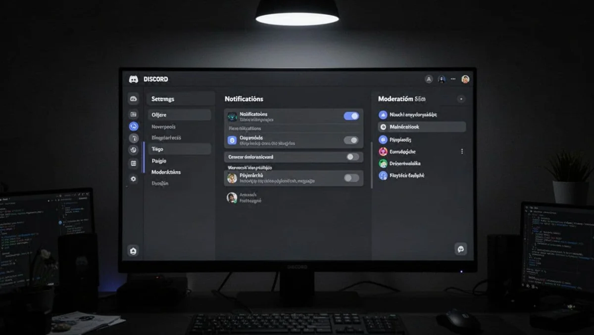Discord desktop app in dark mode on a computer screen, showing user settings open to notifications section and server settings moderation tab, in a dimly lit cinematic room setup.