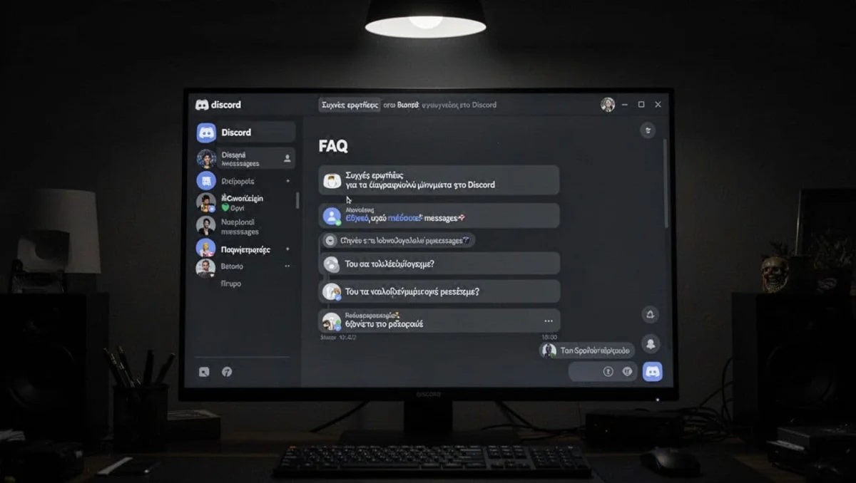 Computer screen in dimly lit room showing Discord desktop app in dark mode with FAQ or help section about deleted messages, dramatic lighting, strong contrast, and depth.