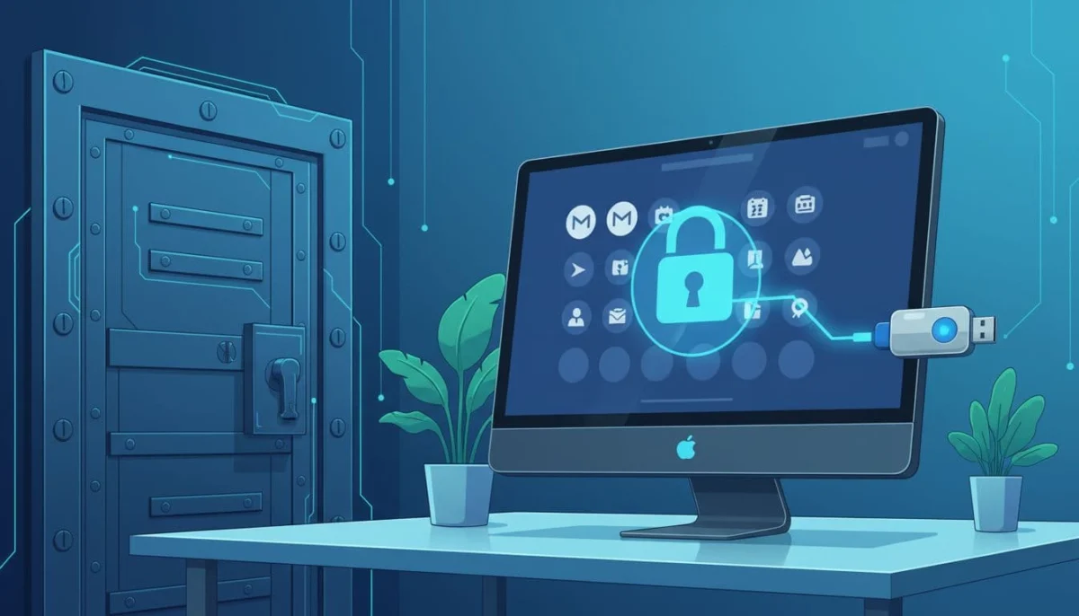 Illustration of a locked laptop showing Google apps icons with a connected security key, against an armored door background symbolizing protection, on an office desk with plants. Bright landscape style in blue security tones, no text or people.