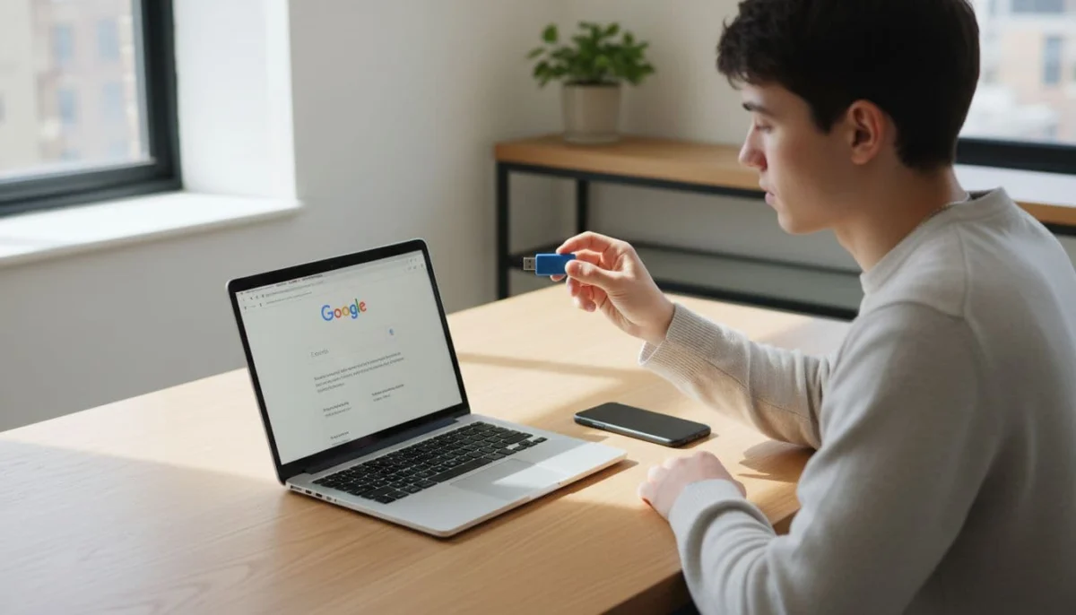 A person sits at a bright modern desk with a laptop open to a Google page, holding a physical USB security key, smartphone nearby, natural window light, realistic photo.