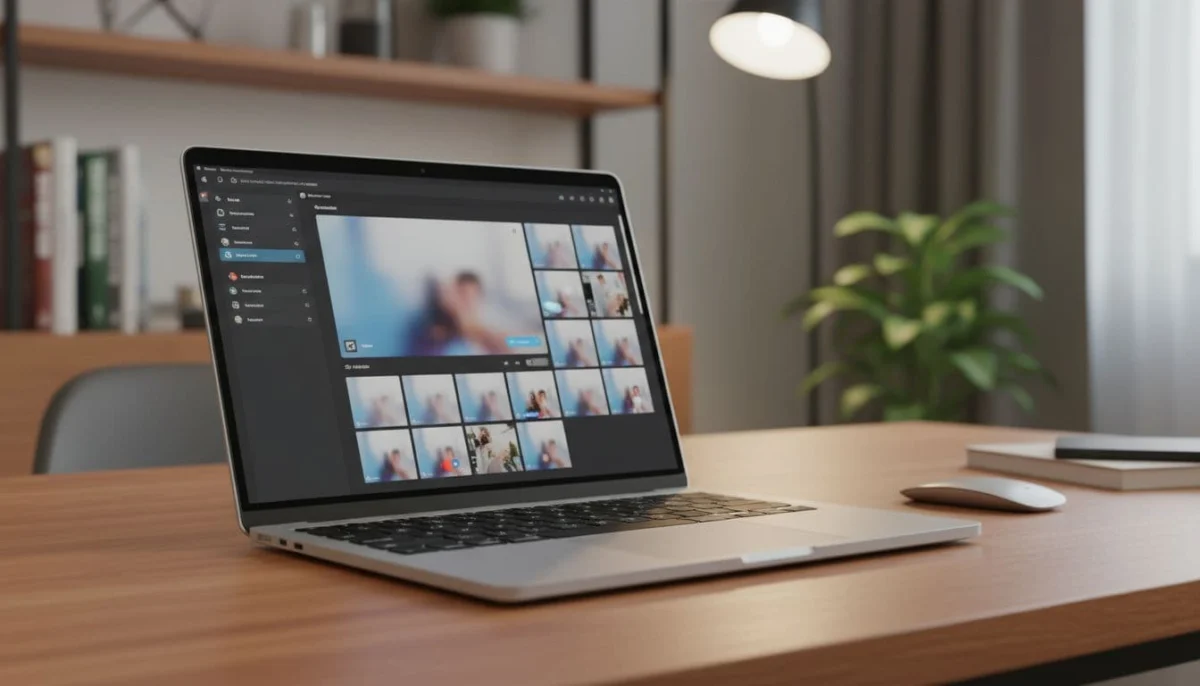 Laptop on a wooden desk in a home office with Viber desktop application showing an active video call interface, multiple participant windows, soft lighting, realistic photo, no people visible.
