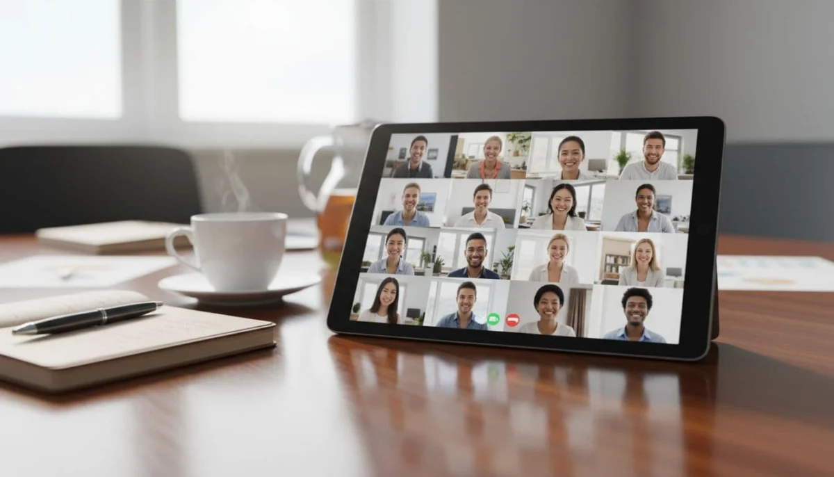 Tablet on a table displaying a grid of participant video feeds from a virtual group video call, with notebook and coffee nearby in bright natural light.