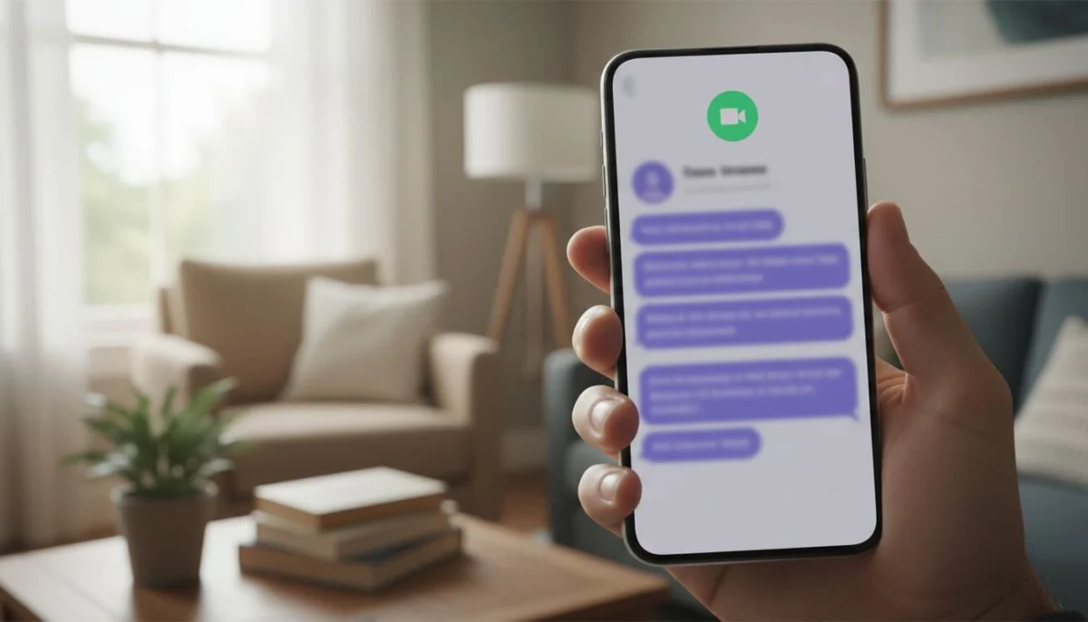 A hand holds a modern smartphone displaying an open Viber chat with a prominent video call button at the top, against a cozy home background with natural window light.