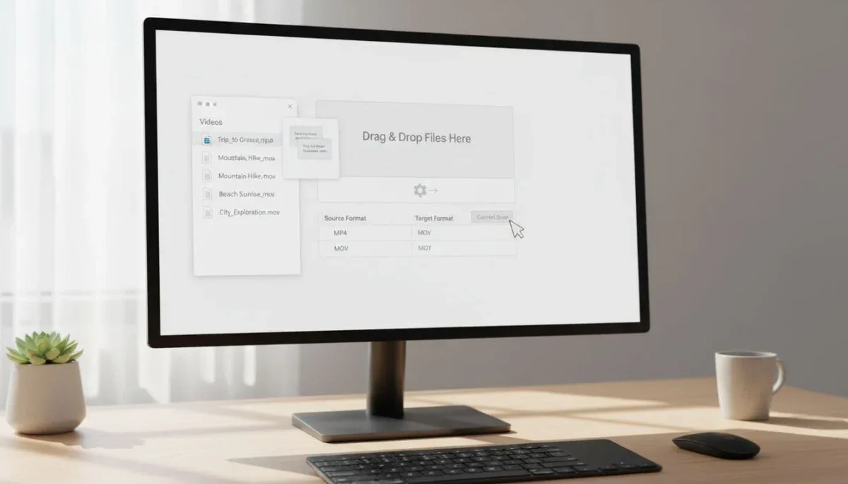 Modern computer screen showing drag-and-drop interface for file conversion app with MP4 and MOV files dragged from folder into window, clean desk setup with keyboard and mouse, bright lighting, realistic style.