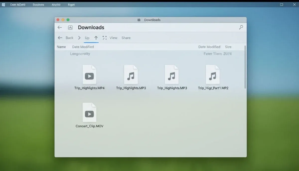 Close-up of a file explorer window showing MP4 and MOV video files next to newly converted MP3 audio files in the same folder, realistic photo style with natural lighting.