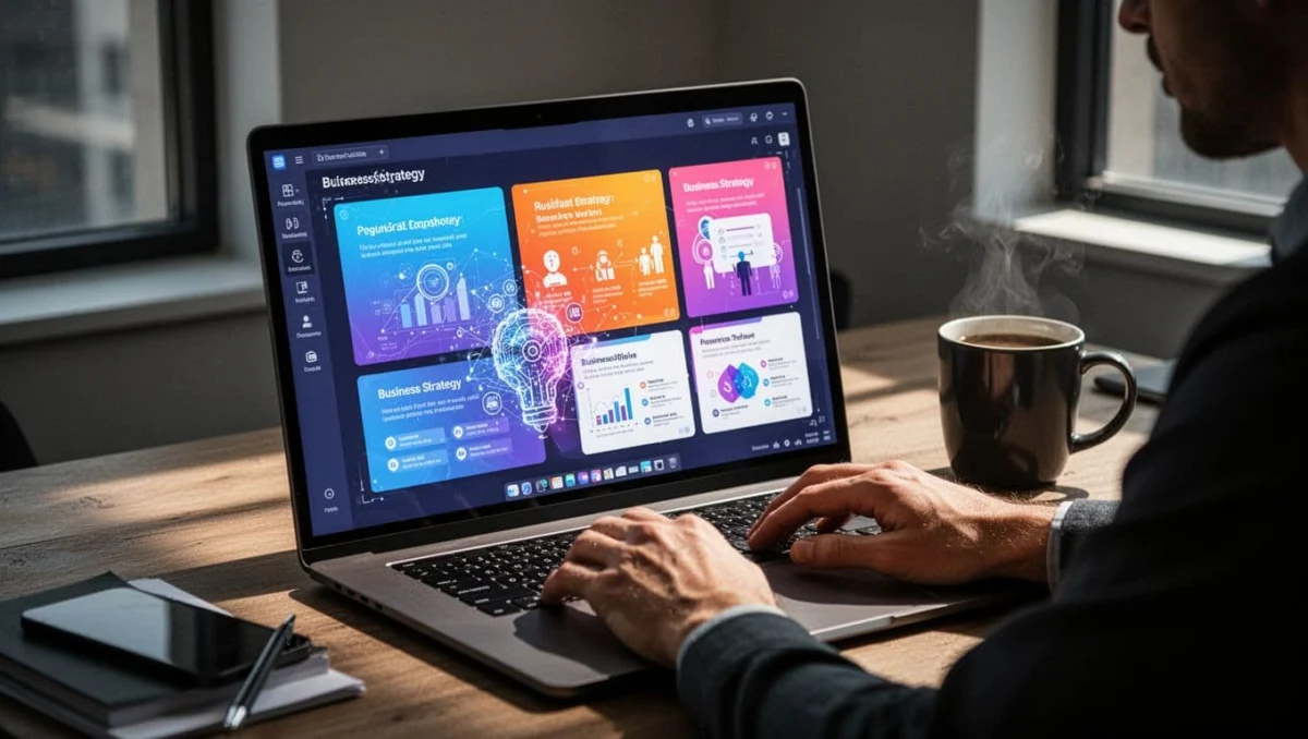 A person typing on a modern laptop displaying vibrant AI-generated business strategy slides, with coffee mug on office desk, cinematic lighting.