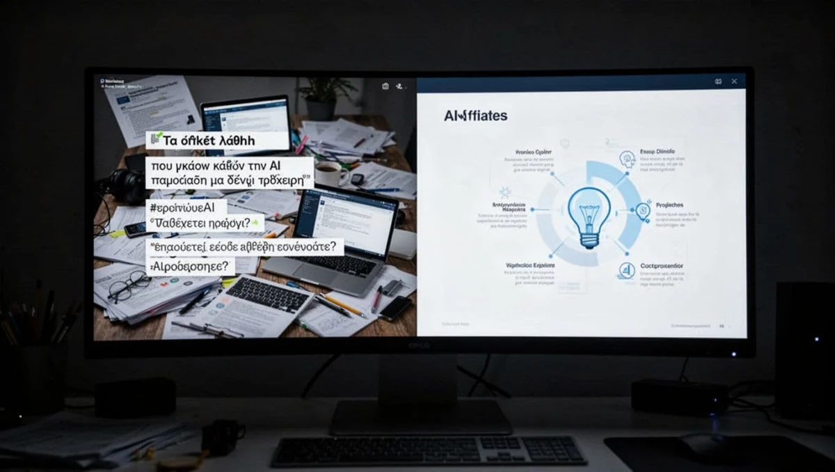 Split screen on a computer monitor in a dark room with cinematic lighting: left side shows cluttered slide with excessive text and poor design, right side displays clean professional slide with minimal text and effective visuals.