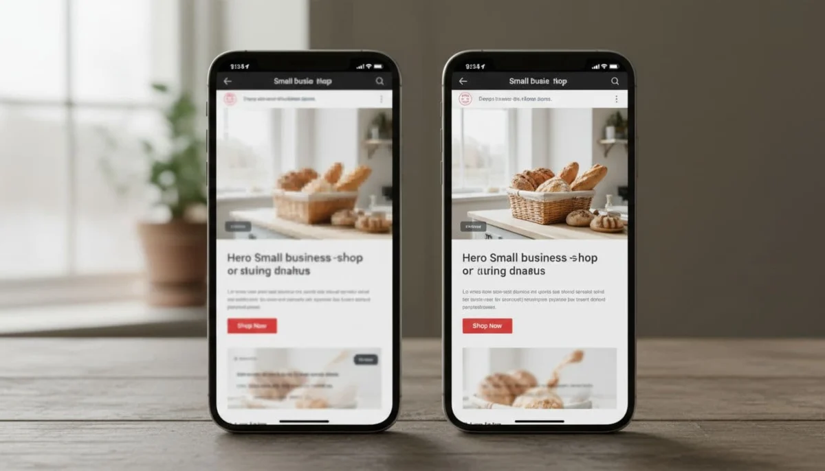 Split view comparison on two mobile phones side by side on a wooden table, showing slow-loading blurry hero image (left) versus sharp fast-loading optimized hero image (right) on a small business e-shop homepage, natural window light, realistic photography.
