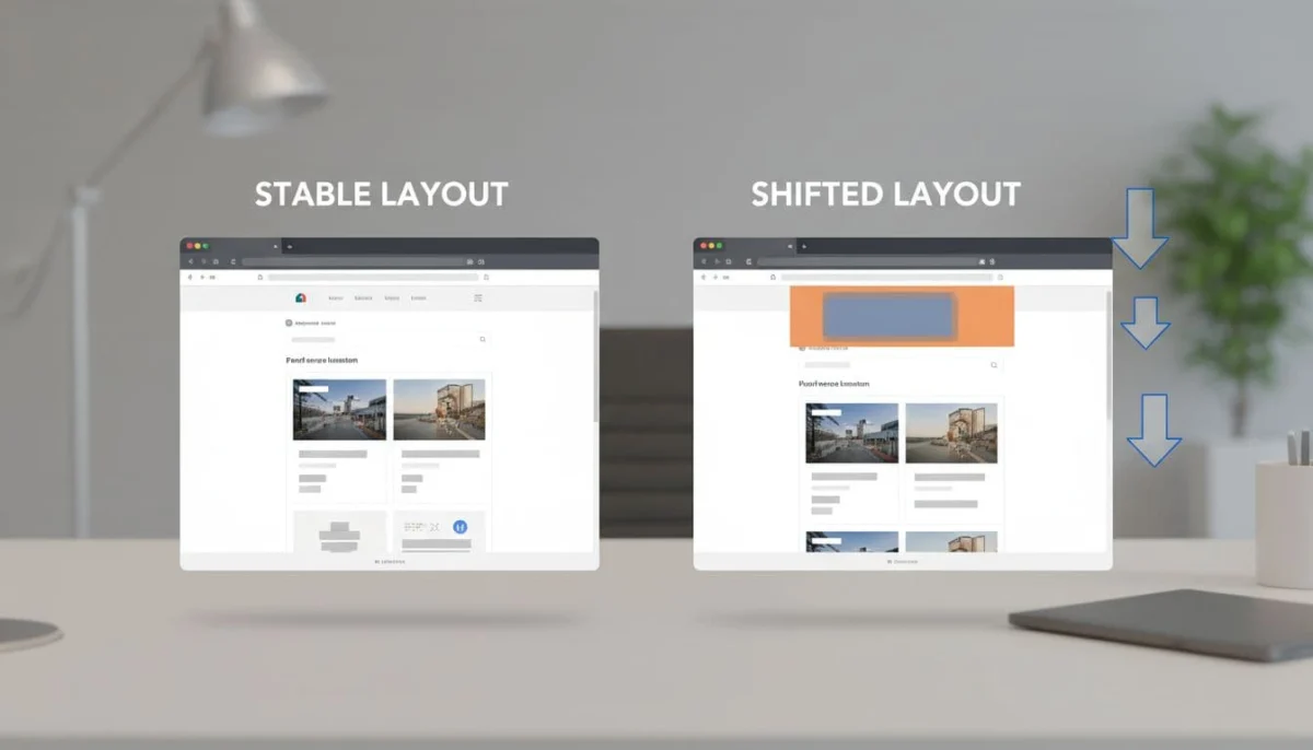 Side-by-side desktop browser windows on a small business e-commerce website: stable layout left, shifted layout right due to banner ad pushing content down, with arrows indicating the shift.