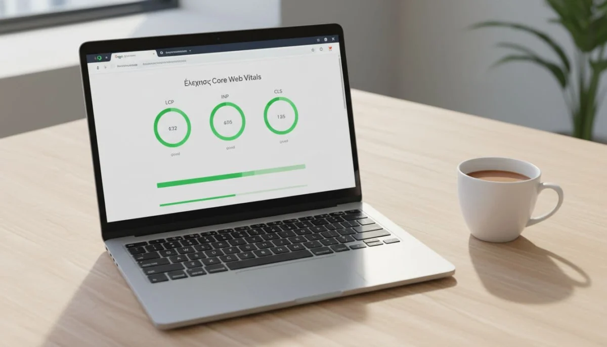 Google PageSpeed Insights dashboard on a laptop screen displaying good green scores for Core Web Vitals metrics LCP INP CLS for a small business e-commerce site, viewed from above on office desk with coffee mug in natural daylight.