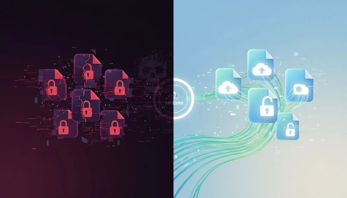Encrypted files with lock symbols on the dark threatening left side transform into restored files on the bright recovery right side via OneDrive restore, in a split before-after comparison digital art style.