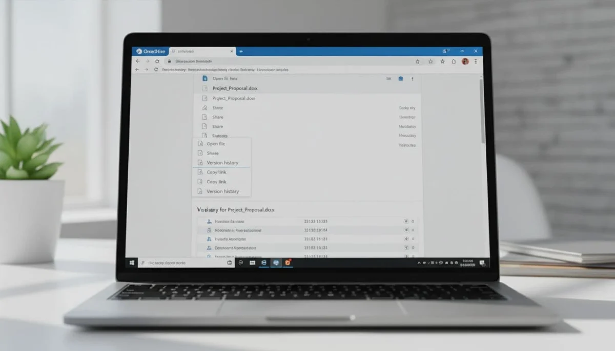 Close-up of a laptop screen showing the OneDrive web interface with the Version History menu open for a document, on a clean modern office desk with natural daylight lighting.