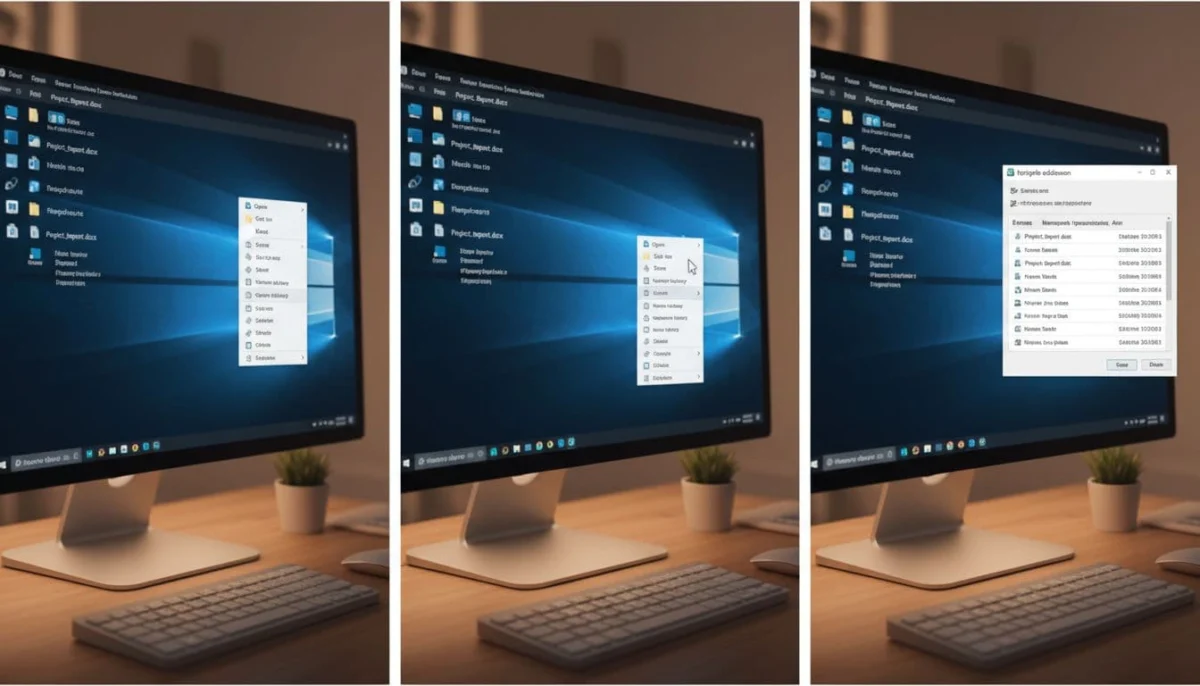 Photorealistic step-by-step screenshot sequence on Windows desktop app displaying OneDrive file right-click menu leading to Version history option in a simple home office setup with keyboard, mouse, and soft lighting.