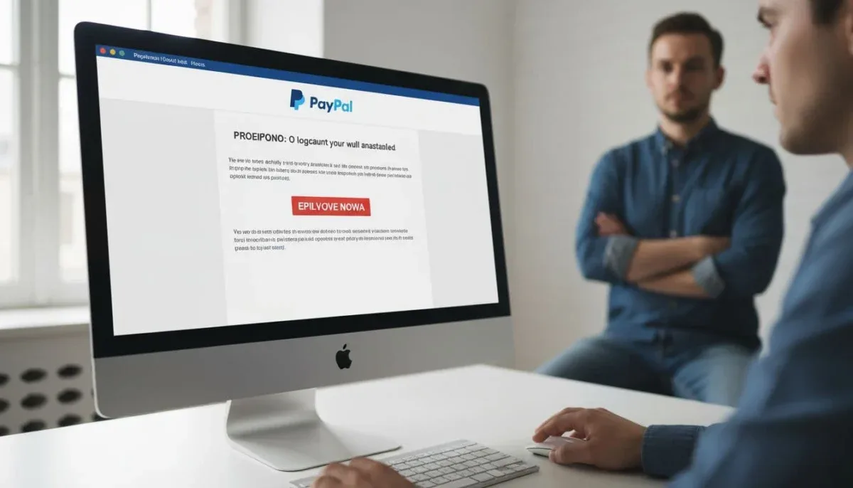 Realistic depiction of a desktop computer on an office desk showing an open email inbox with a suspicious PayPal message, featuring subtle visual scam indicators like a slightly off logo and urgent red button, with hands carefully hovering over the mouse.