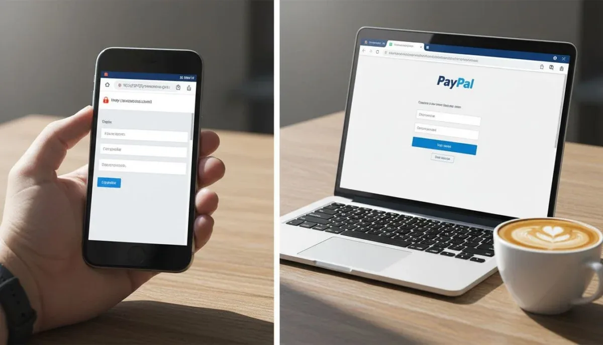 Side-by-side smartphone and laptop screens display a genuine versus fraudulent PayPal login page, highlighting visual scam indicators like mismatched URL bars and lock issues, on a table with coffee cup in natural daylight.