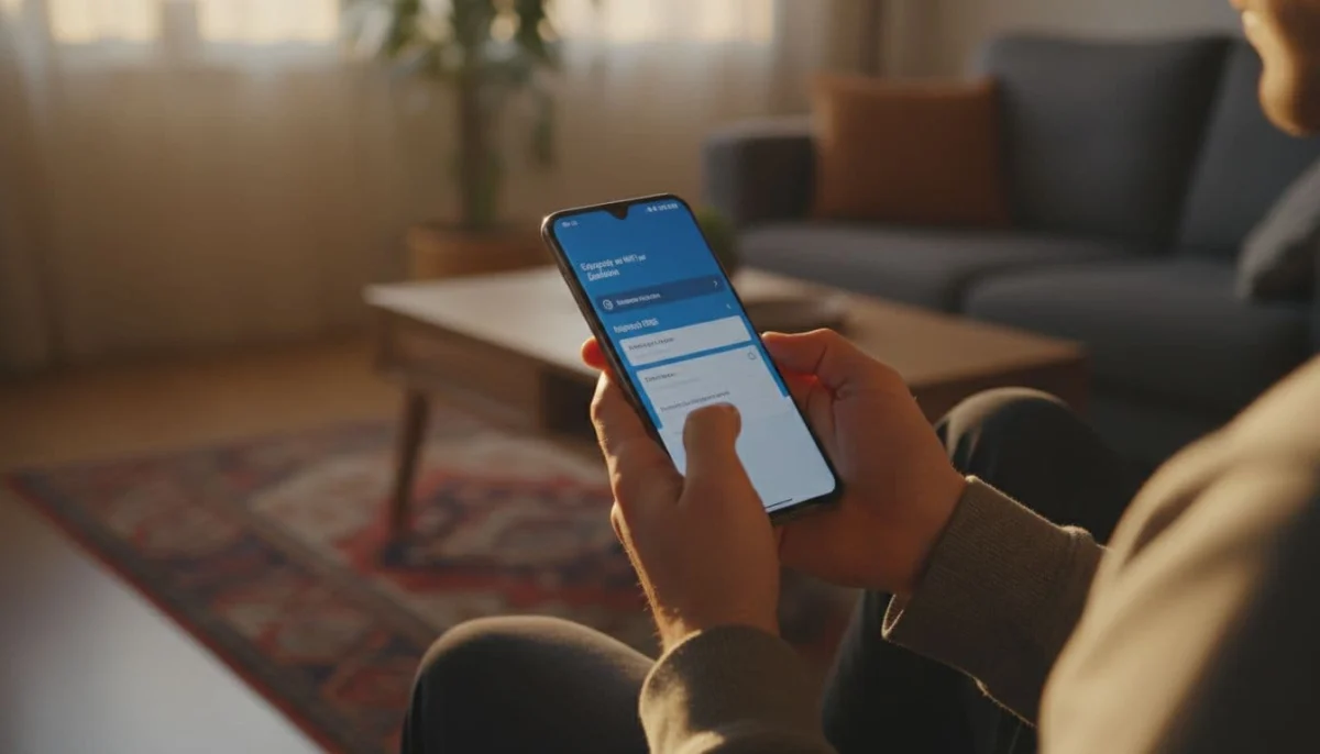 Person in casual home setting holding Samsung Galaxy phone with two hands, configuring advanced WiFi settings for Private DNS, side angle, warm lighting, photorealistic.