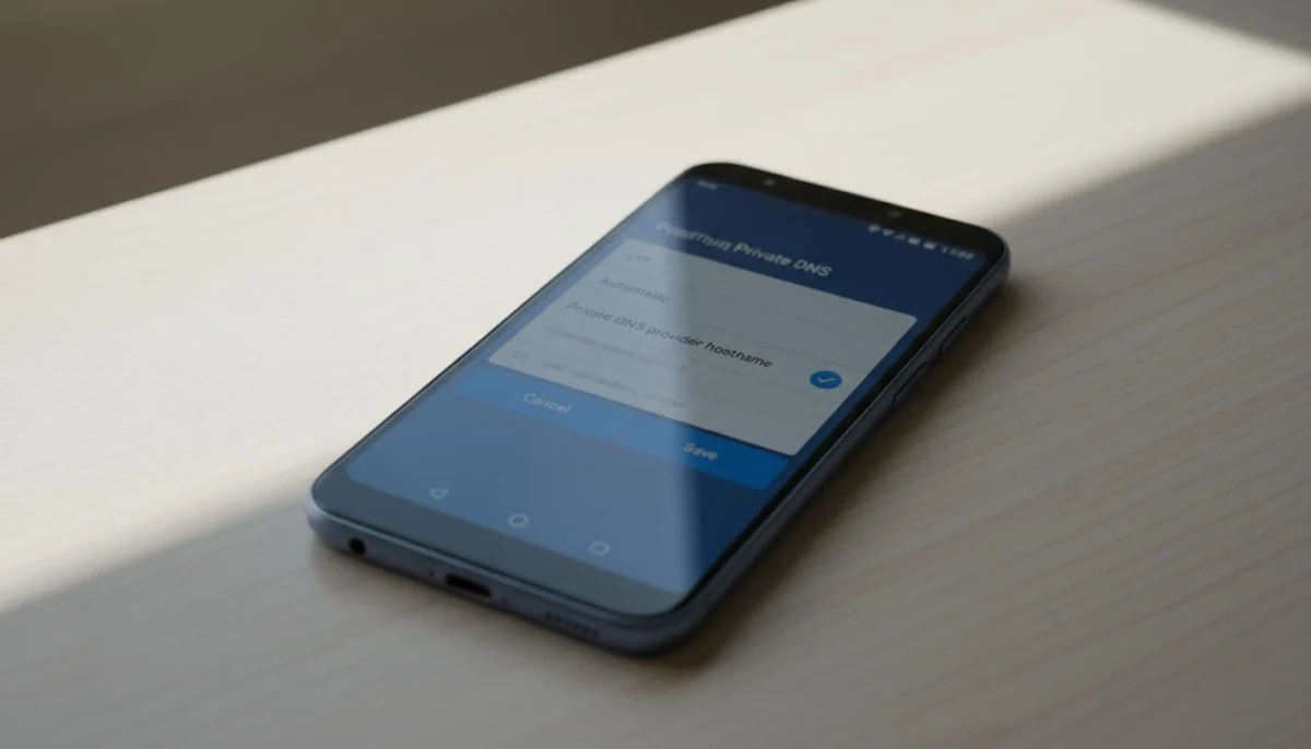 Close-up of Android smartphone settings screen showing Private DNS menu with DoH options selected on a clean desk under soft natural light, realistic style.
