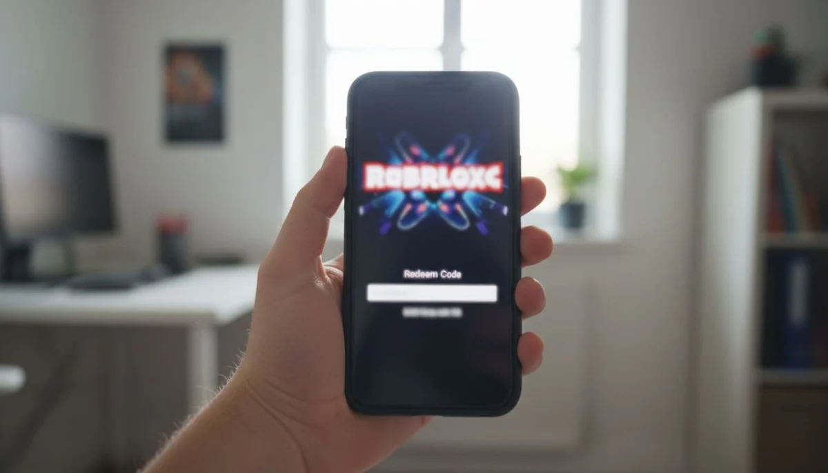 Close-up of a teenager's hand holding a mobile phone displaying the blurred Roblox login and redeem code screen in a bright room with natural light, realistic style, no text or logos.