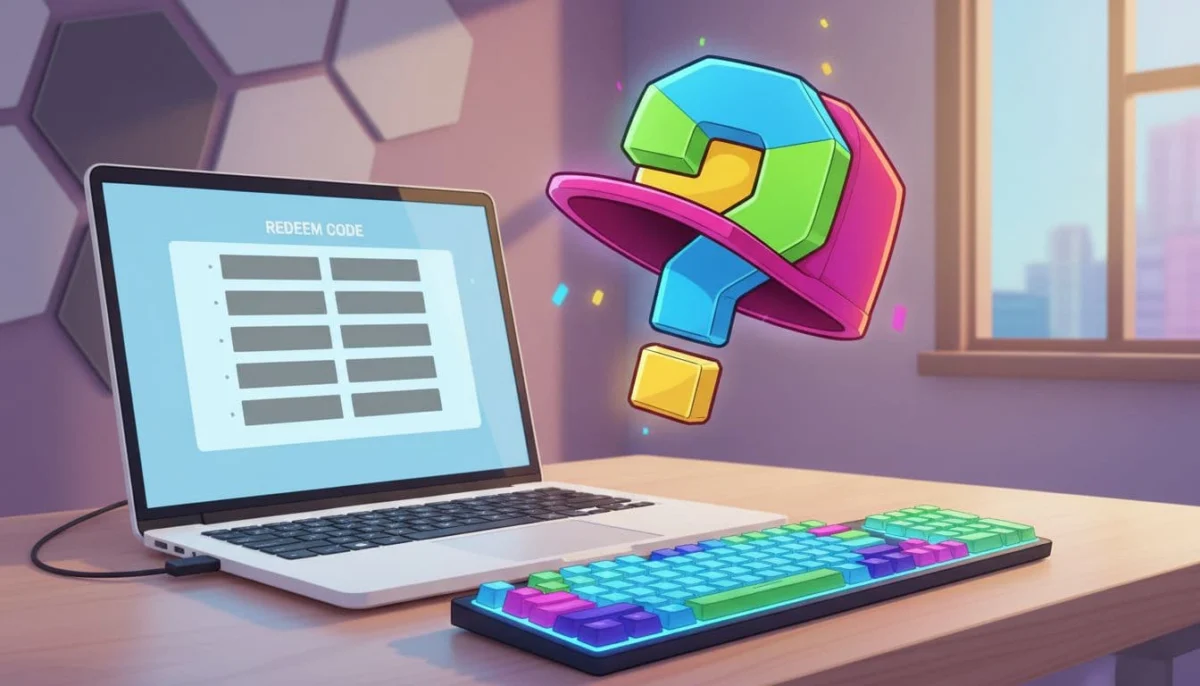 Colorful cartoon illustration of a question mark shaped like a Roblox avatar accessory next to a laptop redeem code screen in a bright modern room with desk and keyboard.