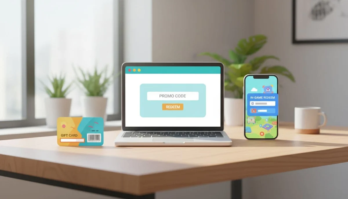 A simple illustration showing three categories of Roblox codes: promo code on website, in-game redeem screen, and gift card. Clean icons on a desk with laptop, phone, and card, in bright modern style with natural lighting.
