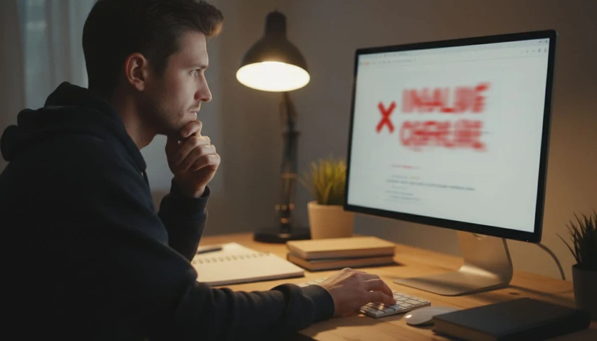A person with a thoughtful expression checks a computer screen showing an invalid Roblox code message in a home office, realistic photo style with soft lighting.