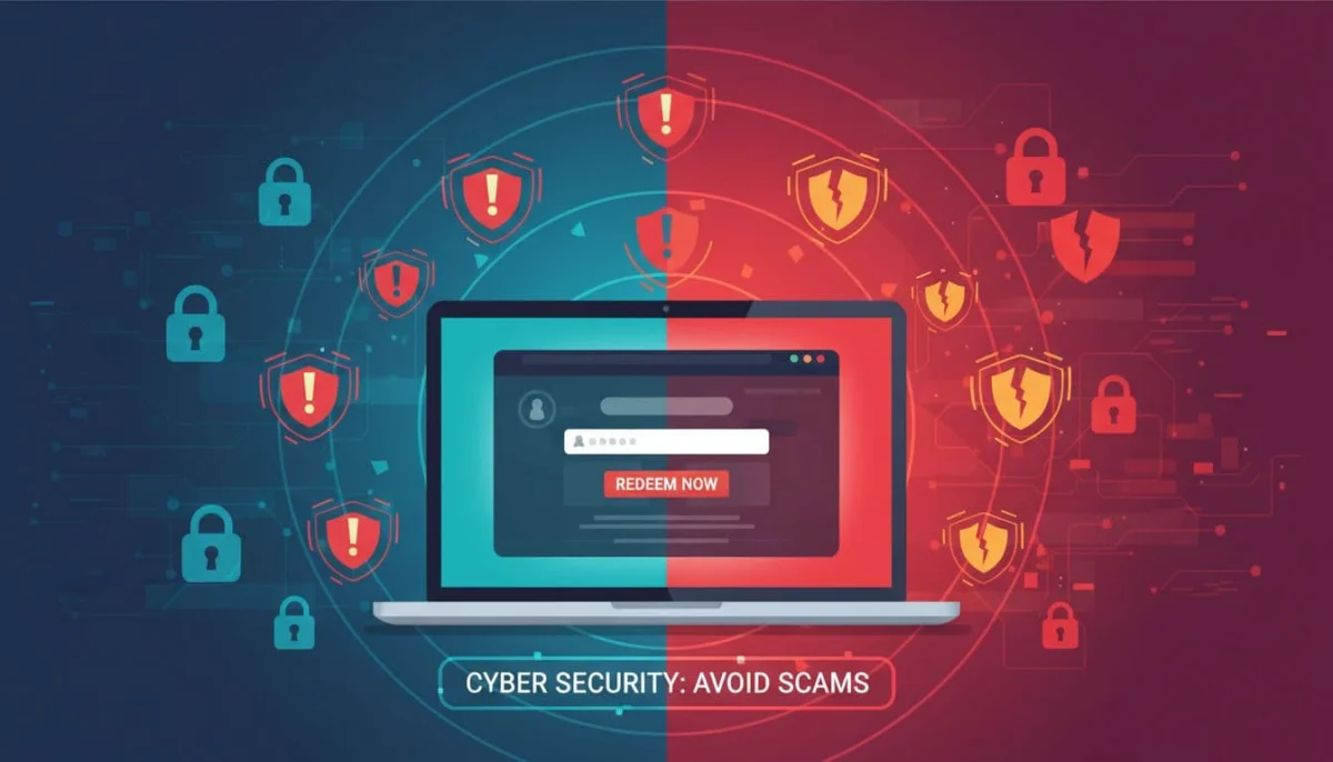 Laptop screen showing a fake Roblox redeem site with warning sign and red alert icons in a dark secure vs insecure cyber security theme, modern flat style illustration.