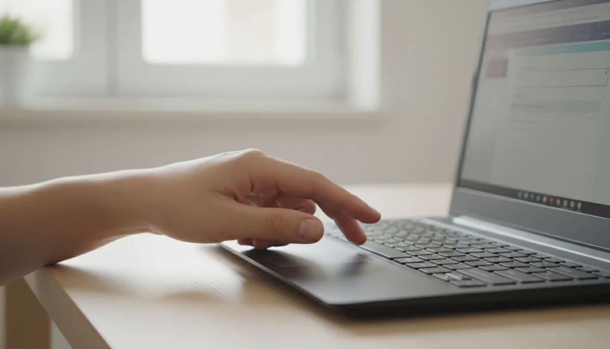 Close-up side view of one hand with two relaxed fingers typing a Roblox redeem code into a browser form on a laptop keyboard at a wooden desk in a bright home office, realistic photography with natural window lighting and blurred screen content.