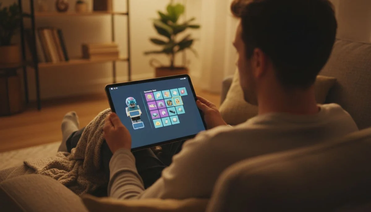 Over-the-shoulder view of a person on a cozy couch using a tablet to view Roblox avatar inventory and select a new accessory item, in a realistic photo style with warm indoor lighting.
