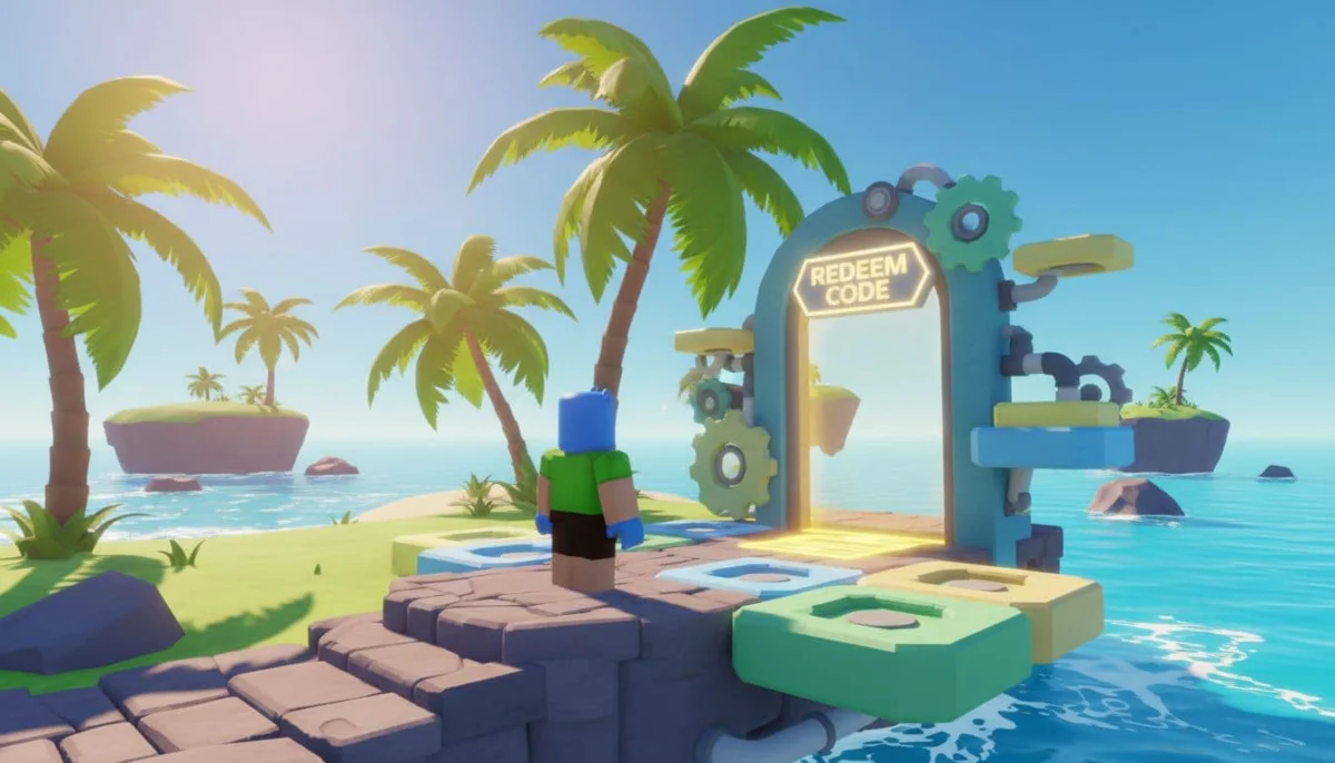 A single player character stands on a platform near the redeem code area in Roblox Island of Move, set in a bright tropical island with palm trees, water, and floating platforms, in colorful cartoon style with vibrant lighting and side view composition.