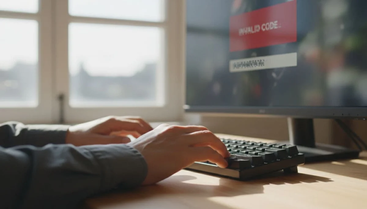 Close-up of hands typing a Roblox redeem code into a browser form with blurred screen showing error message from typing mistake, on wooden desk in bright room with natural light.