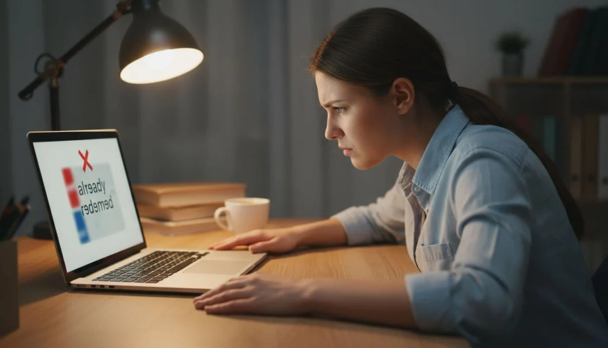 A person in a home office looks frustrated at a laptop screen displaying a blurred Roblox 'already redeemed' error message, with a coffee mug nearby, soft lighting, realistic photo.