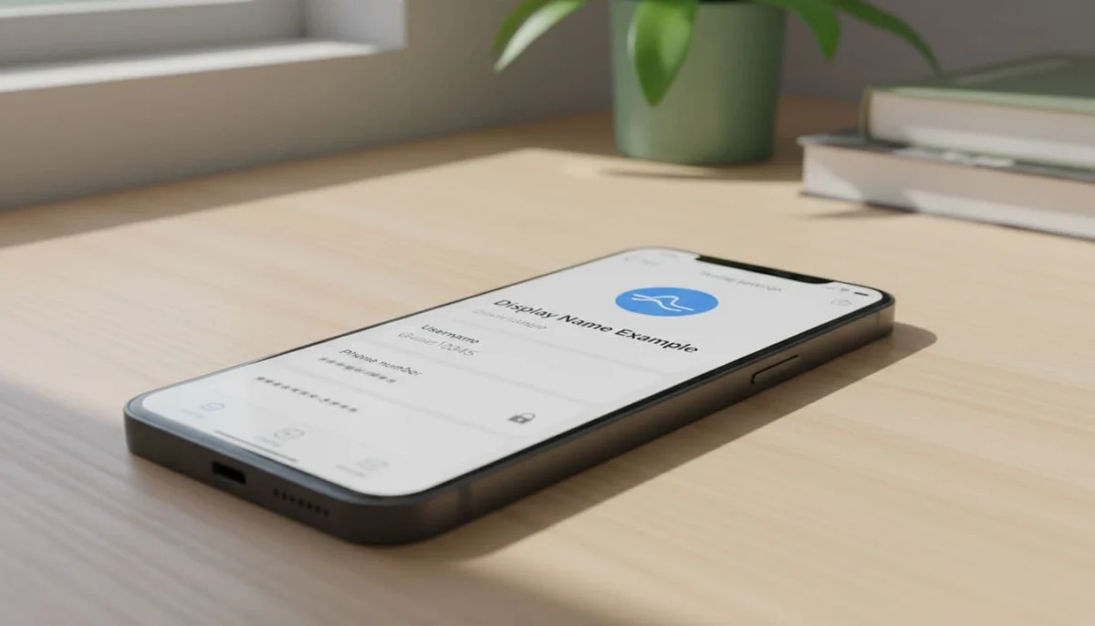 Smartphone screen showing Signal profile settings with profile name, username field with @ symbol, and blurred phone number. Clean app interface mockup at slight angle on desk with natural daylight.