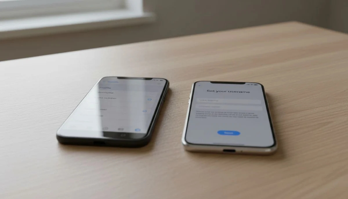 Two smartphones side by side on a wooden desk, displaying blurred Signal profile settings menus for username creation on Android (left) and iPhone (right), illuminated by soft natural light.
