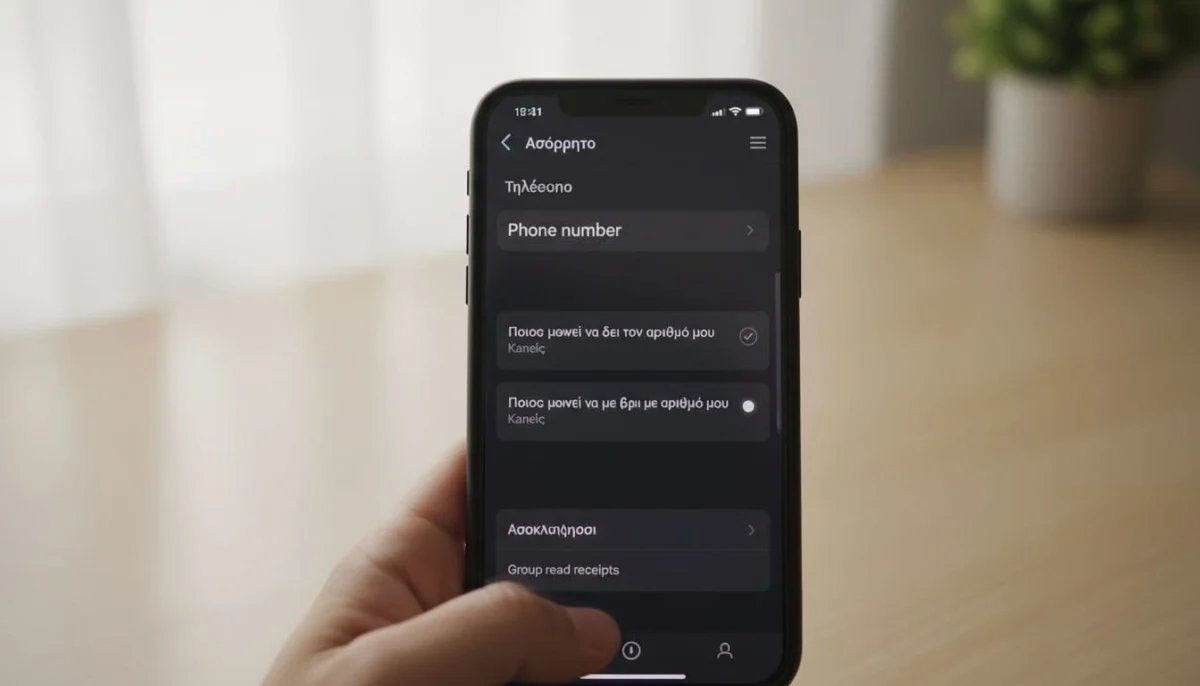 Smartphone screen showing Signal app privacy menu with phone number options set to 'Nobody' under soft lighting on a desk.
