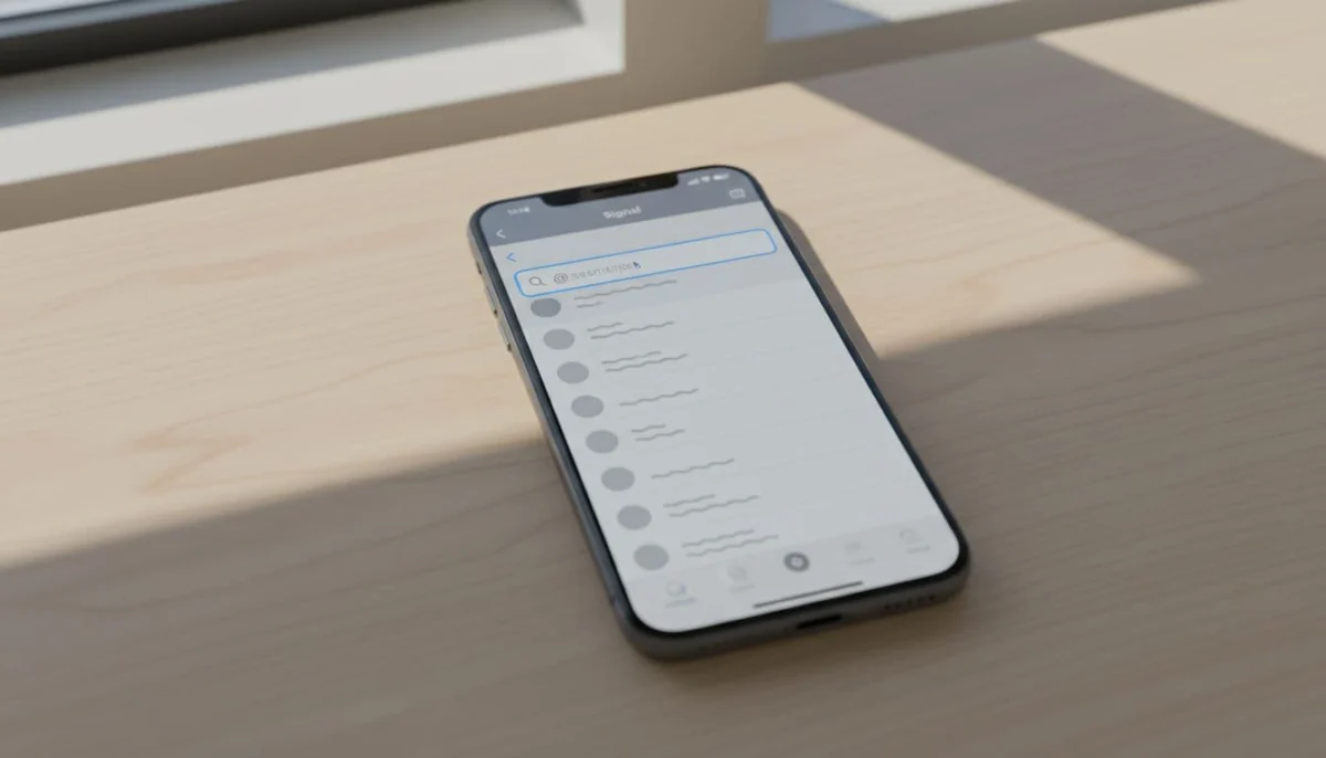 Smartphone screen displaying Signal app chat interface with highlighted username search field for starting new conversation via @username, shown at slight angle on desk in natural daylight.