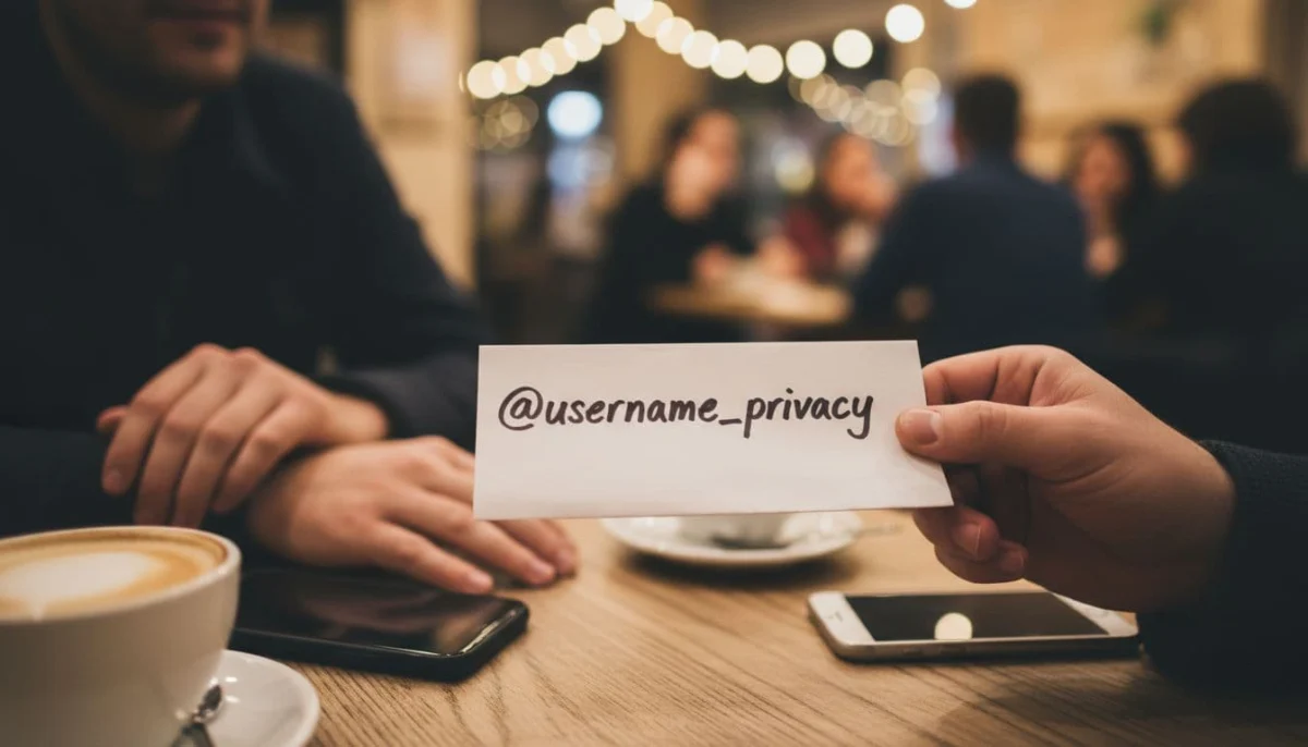 Two people at a coffee table in a soft-lit cafe, one sharing a paper note with their Signal username during a relaxed meeting, phones nearby, focus on the note.